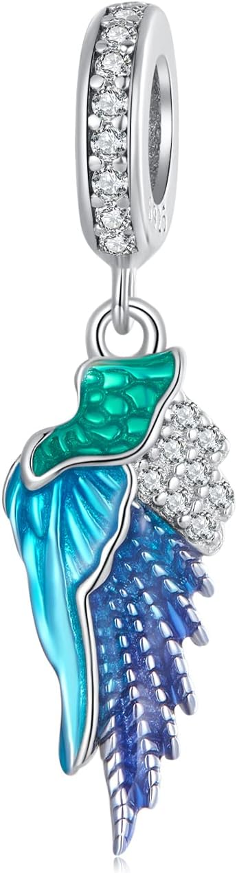 Guardian Angel Wing Charm Genuine 925 Sterling Silver Feather Pendant Bead fits European Style Bracelet