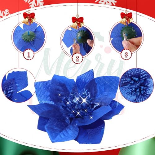 36 Pcs 3 Size Christmas Poinsettia Christmas Tree Flowers Glitter Faux Flowers Decoration Artificial Poinsettia Ornaments For Christmas New Year Home Outdoor Decoration (Royal Blue,3/ 4/ 6 Inch) - Image 3
