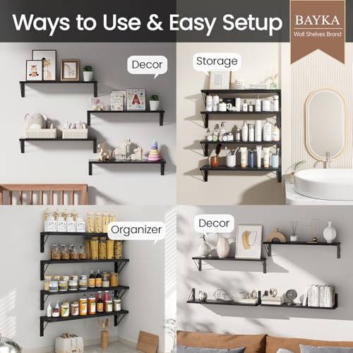 Image of BAYKA Wall Mounted Floating Shelves, Wood Floating Wall Shelf for Books & Decor, Small Space-Saving Display & Organizer(Black,23in,Set of 4)