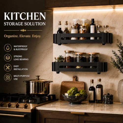 Image of Hallstatt Pack of 2 Aluminum Bathroom Shelf with Removable Hooks, Wall Mounted Bathroom Organizer Shelves Storage Rack Holder Stand for Bathroom Accessories Set with Drill Installation - Black