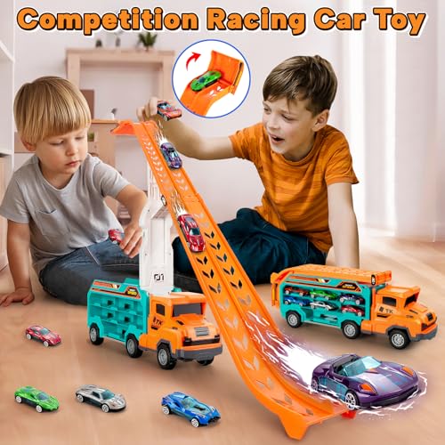 Image of BainGesk Carrier Truck Toys for 3 4 5 6 Years Old Boys, 2.8 Ft Race Track Transport Cars with 6 Die-Cast Metal Toy Cars, Birthday Gifts Kids Age 3-5, Racing Toys Gifts for Toddlers