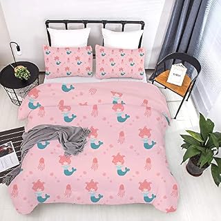 DJDEA Mermaid Bedding Set Girls Single Blue Duvet Cover with Zipper Cute Microfibre Quilt Cover with 1 Pillowcase(50 * 75cm)