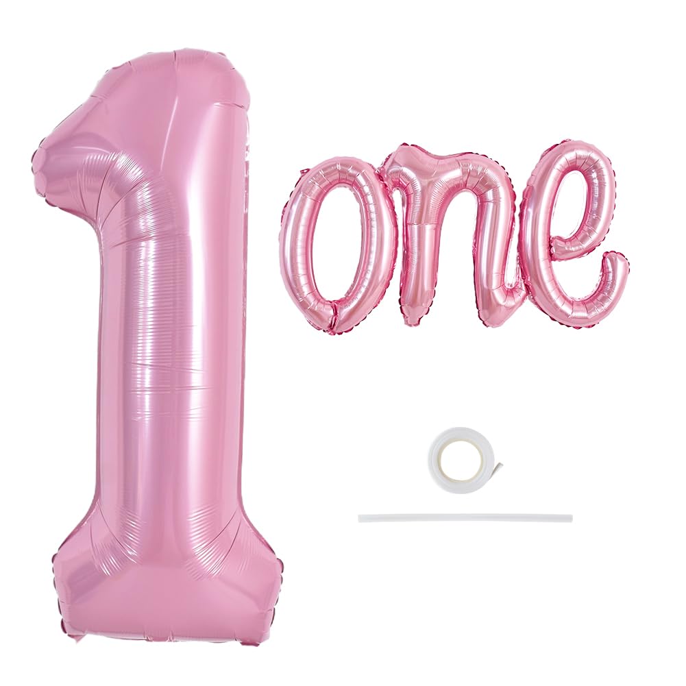 TONIFUL 40 Inch Giant Light Pink Number 1 Balloon,Mylar Foil Script Cursive Letter 1 Balloon Banner for Boys Girls Kids First Birthday One Year Old