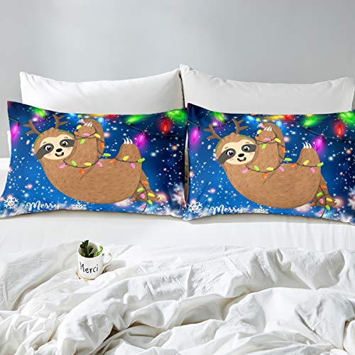 Cartoon Sloth Bedding Set Christmas Duvet Cover Set for Kids Boys Girls Cute Sloth Snowflake Xmas Decor Comforter Cover Polka Dot Quilt Cover Bedroom Collection 3Pcs King Size - Image 3