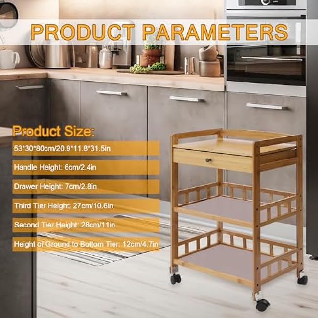 3-Tier Bamboo Entertainment Kitchen Cart Mobile Shelves Cart Coffee Cart w/Silent Wheel & Storage Drawer for Home, Kitchen, 20.9 * 11.8 * 31.5in-MiBCHcQ8