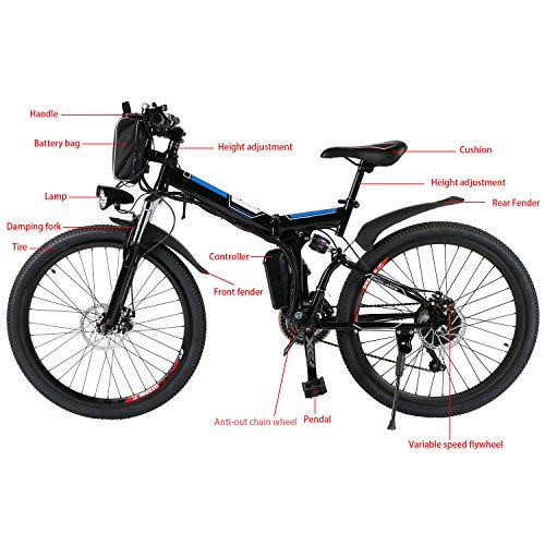 26'' Folding Electric Mountain Bike with Removable 36V 8AH Lithium-Ion Battery 250W Motor Electric Bike E-Bike 21 Speed Gear and Three Working Modes (Black) - Thumbnail 7