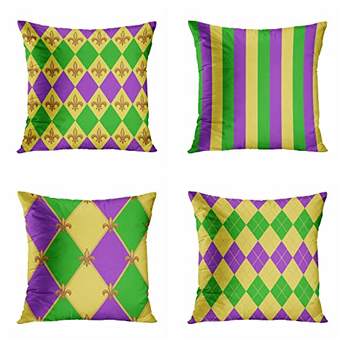 rouihot Set of 4 Throw Pillow Covers 18x18 Inch Yellow Purple Green Mardi Gras Beautiful Fleur De Lis Home Decor Pillowcase Square Cushion Covers for Sofa Bed Couch