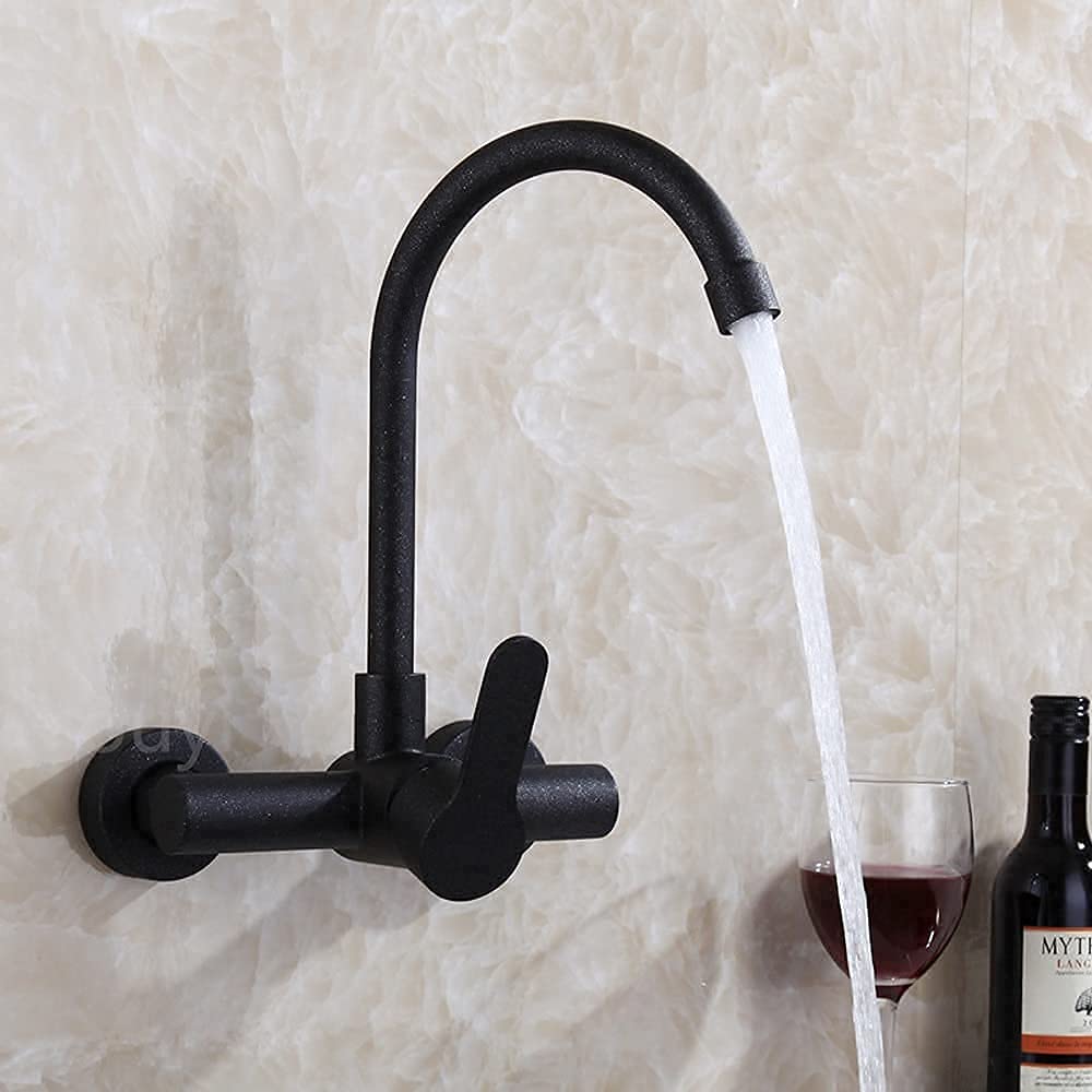 Grifo de cocina en la pared de agua negra fría y caliente para lavabo y fregadero de mesa
