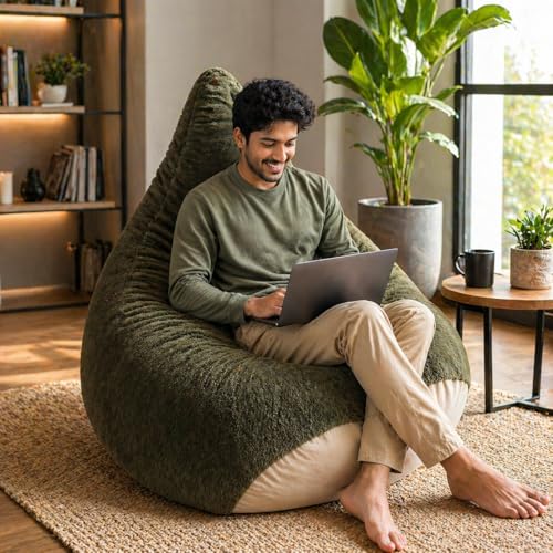 Image of Mollismoons Faux Fur Bean Bag Chair Cover for Adults & Kids | Luxury Lounger & Round Floor Sofa Seating | Modern Cozy Feel | No Beans Included (Oilve Green, Teardrop)
