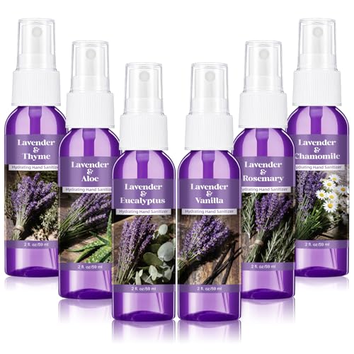 Image of 6 Pcs Lavender Scented Hand Sanitizer Spray Bulk Travel Size Hydrating Hand Sanitizer Spray 2 Fl oz Pocket Bottle Mist Gently Cleans Dirt for Family Adults Sensitive Skin Office Family Travel