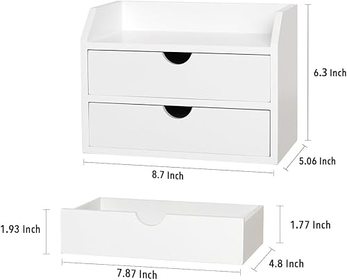 Miniatura 3 de ROSE BLOOM Organizador de escritorio de madera blanca con 2 cajones, mini armario lindo con estante de almacenamiento para mesa, organizador de caja