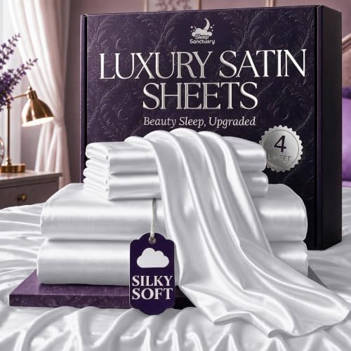 SLEEP SANCTUARY Satin Sheets King Size – 4 Piece Luxury Silky Bed Set, Softer Than Silk, 15" Deep Pocket, Cooling & Wrinkle-Free, Moisture-Wicking & Breathable for Hair & Skin (White)