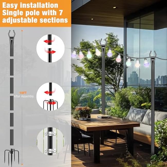 String Light Poles 4 Pack,10FT Metal String Light Poles for Outside, Adjustable Outdoor Poles for Patio, Deck, Garden, Wedding, Backyard, Christmas Party Decor, Sturdy with Hooks