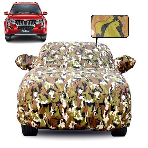 Image of Waterproof Car Body Cover for Mahindra XUV 500 with Mirror Pocket, Soft Cotton Lining, Triple Stitched, Full Bottom Elastic (Heat Resistant Jungle Print with Red Piping)