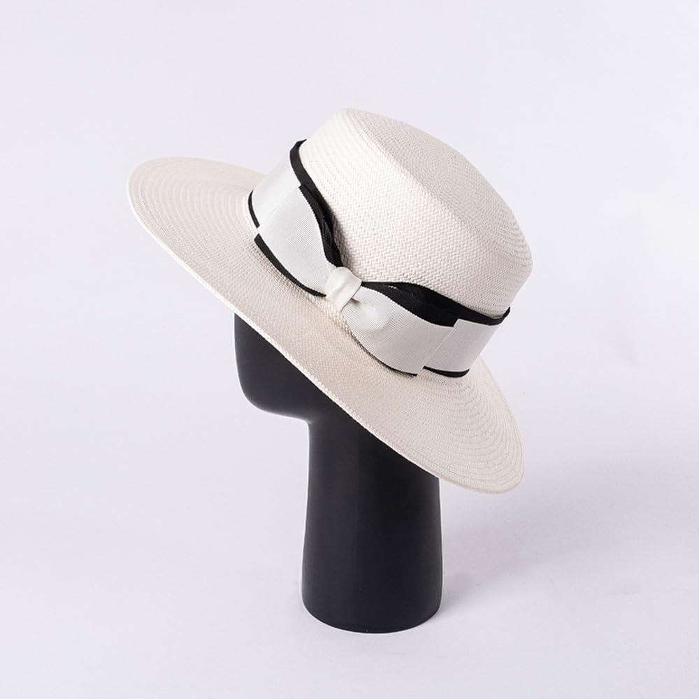 Women's Paper Straw Sun Hat - 8cm Brim with Contrast Bow - Adjustable 56-58cm Summer Hat