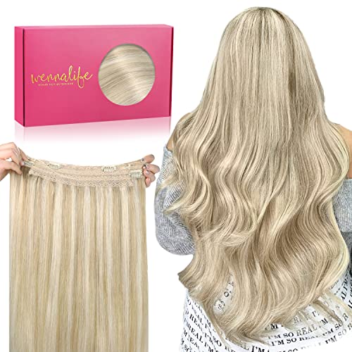 Image of WENNALIFE Wire Hair Extensions 16 inch 95g Dirty Blonde Highlighted Bleach Blonde Remy Hair Extensions Invisible Transparent Wire Straight Real