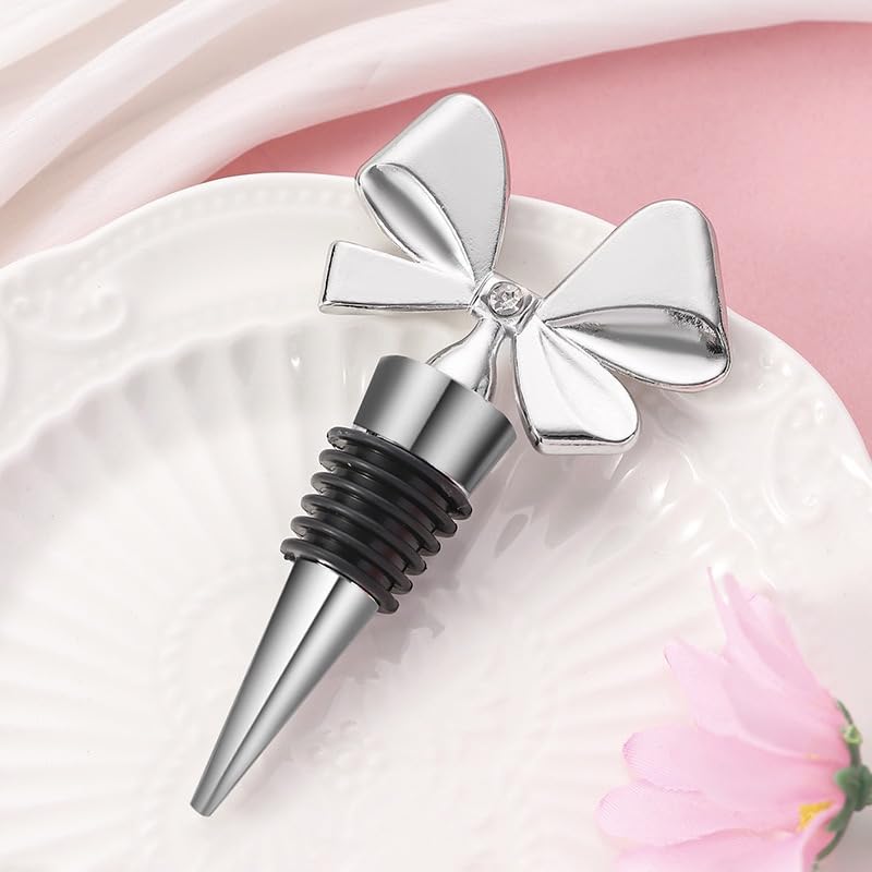 3 Pack Bowknot Wine Bottle Stoppers, Holiday Decor - zinc alloy Decorative Wine Stoppers - Wine Gift for Hostess - Cute Wine and Beverage Corker Bottle Sealers Women's Day gifts (Silver)