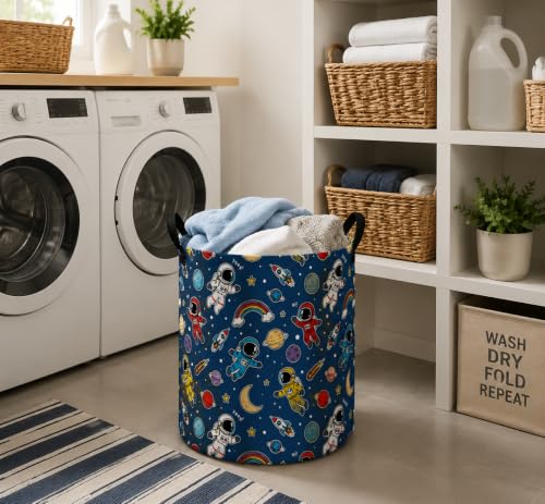Image of MAIZMZ Kids Storage Bin Astronaut Space Hamper,15.7 inch D x 19.7 inch H Waterproof Linen Laundry Basket with Leather Handles for Boys Room, Gifts