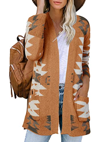 Image of FERBIA Women Boho Cardigan Aztec Open Front Loose Slouchy Sweaters Tribal Long Sleeve Knitted Christmas Jacket Coat