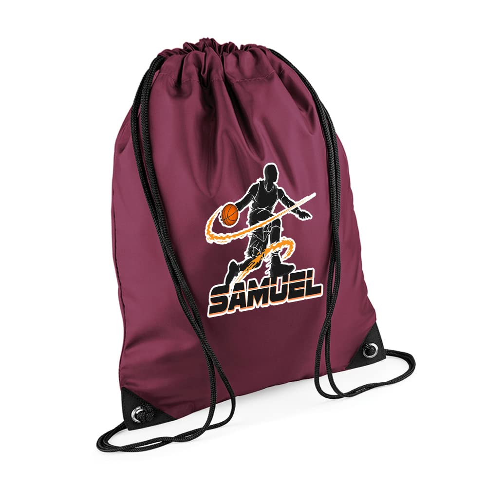 Personalised Basketball Player ANY NAME Sports Lover Gift for Men, Boy, Friend, Birthday present Drawstring Bag, PE Gym Kit Swimming, Sport Rucksack. (Burgundy) — image 1