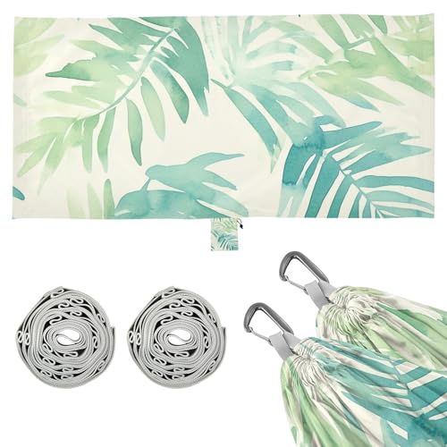 Watercolor Palm Tree Leaves Mint Gree Outdoor Hammock with Tree Straps Swing Hammock for Outside...