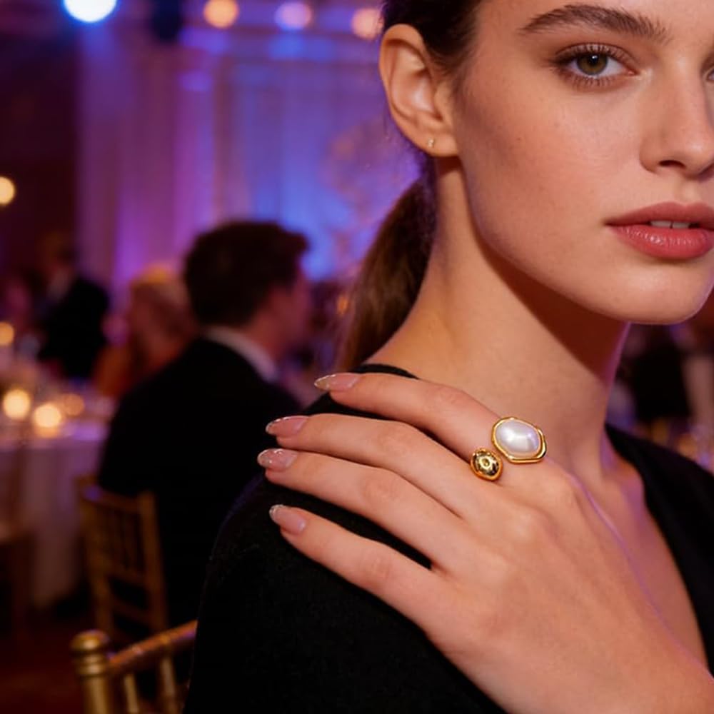 Irregular Faux Pearl Adjustable Open Band Statement Ring for Women Elegant Gold-Tone Dainty Geometry Statement Stacking finger Band Wedding Party Fashion Jewelry
