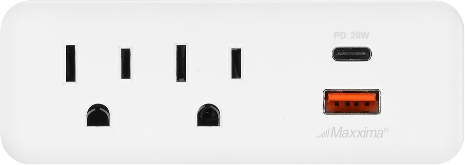Maxxima 2 Outlet Grounded Wall Plug Adapter with Type-C/A USB Charging Ports, Electrical Wall Tap Outlet Splitter, Multi-Plug Extender for Extra Outlet Space, Convenient for Travel - 2 Pack
