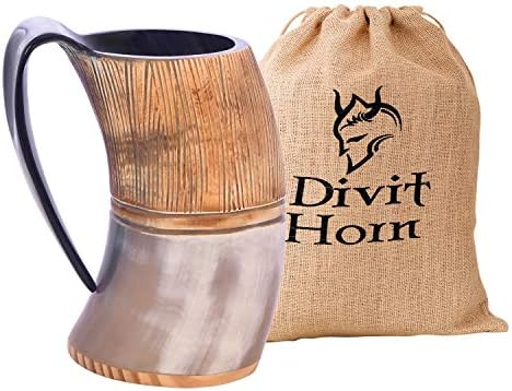 Divit Genuine Viking Drinking Horn Mug | Authentic Medieval Beer Horn Tankard | 24oz (700 ml) Capacity | Horn Cup/Stein