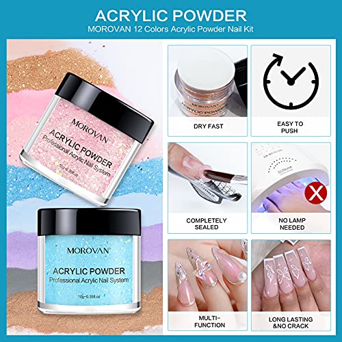 Morovan Acrylic Powder Set 12 Colors Gift Nail Art Powder Beginner Diy Professional Polymer Powder For Acrylic Nails Extension Odor-Free Bubble-Free No Nail Lamp Needed (Elegant Senior) #TOP3