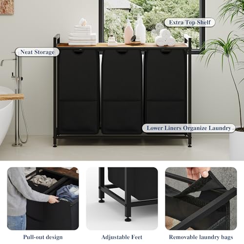 Garvee 145.5L Laundry Basket 3 Section, Laundry Hamper with Shelf & 3 Removable Bags, Dirty Clothes Basket Organizer for Bathroom Bedroom Room Organization, 3 x 12.8 Gal (48.5L), Rustic Brown + Black by Garvee - Used condition - Image 4