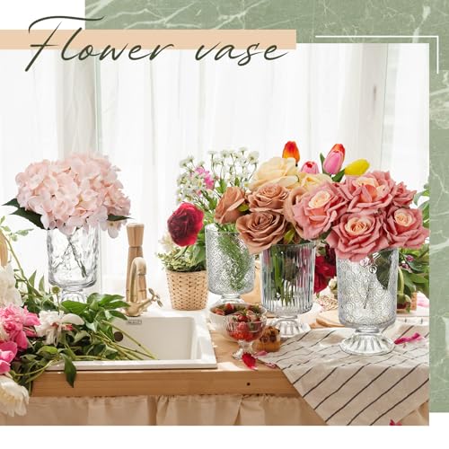 Ninehaoou 6 Pcs (H:7\" W:4\") Embossed Flower Vase Pedestal Glass Vase Big Base Thickened Crystal Vintage Vases for Valentines Day Wedding Home Decor Table Centerpiece House Warming Gifts(Clear) - Thumbnail 3