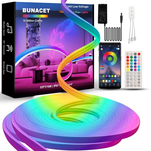 BUNACET RGB+IC Neon LED Strip Dimbaar 16M 24V LED Strip RGB+IC Flexibele Neon LED Verlichting IP65 Waterdichte met APP Controle, Muziek Sync, Voeding en RF afstandsbediening voor DIY Buiten Decor