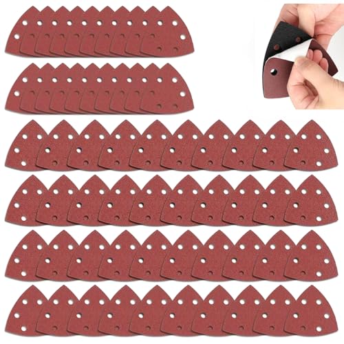 TRLREQ - Lot de 60 patins de ponçage multi-outils | Compatible avec Dewalt | Papier abrasif triangulaire à 6 trous grain 40-400 pour bois, métal et bricolage | Patins de ponçage anti-encrassement avec support - -20%