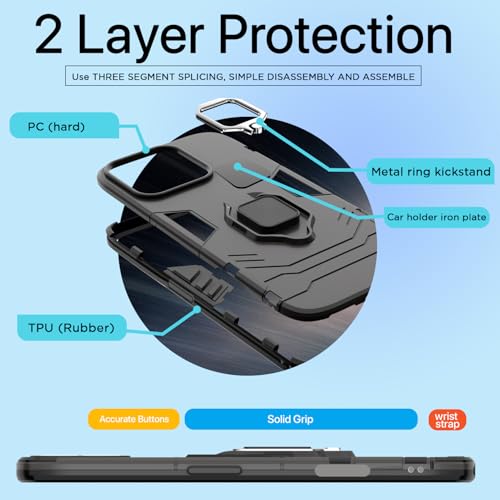 Image of Pikkme Back Cover for iPhone 16 Pro | 360 Protection | Ring Holder | Kickstand | Tough Armor Case (Black)