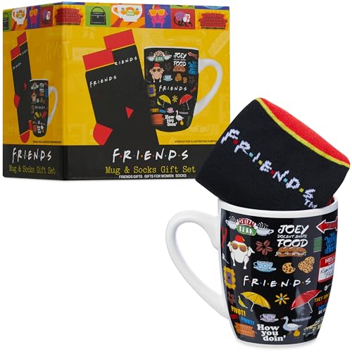 Get Trend Friends Caneca Cerâmica & Meias Mulher Rapariga, EU 35-41, Caneca Café Chá 315ml Meias Divertidas, Conjunto Presente Adultos Adolescentes (Preto AOP Friends)