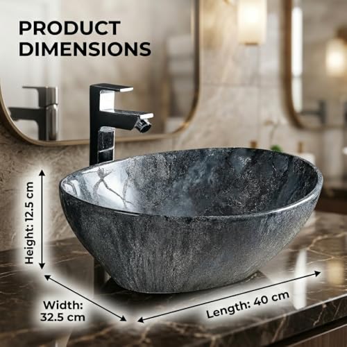 Image of Ceramic Tabletop Wash Basin - Glossy Bowl Shape Countertop Vessel Sink with Marble Finish for Bathroom & Vanity | Compact 16 x 13 x 4.5 Inch | Elegant Washbasin