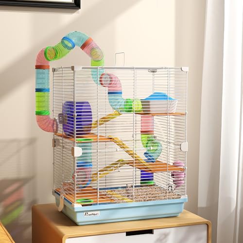 PawHut 18\" 5 Tier Hamster Cage with Tubes and Tunnels, Small Animal Cage with Portable Carry Handle, Gerbil Cage with Water Bottle, Food Dish, Exercise Wheel, Light Blue