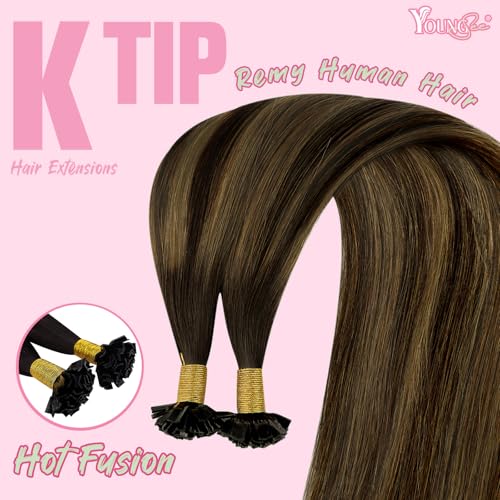 Image of YoungSee K Tip Human Hair Extensions Brown Ombre Ktip Hair Extensions Human Hair Balayage Dark Brown with Medium Brown Ktips Extensions Real Human Hair for Women 18Inch 50G 50S