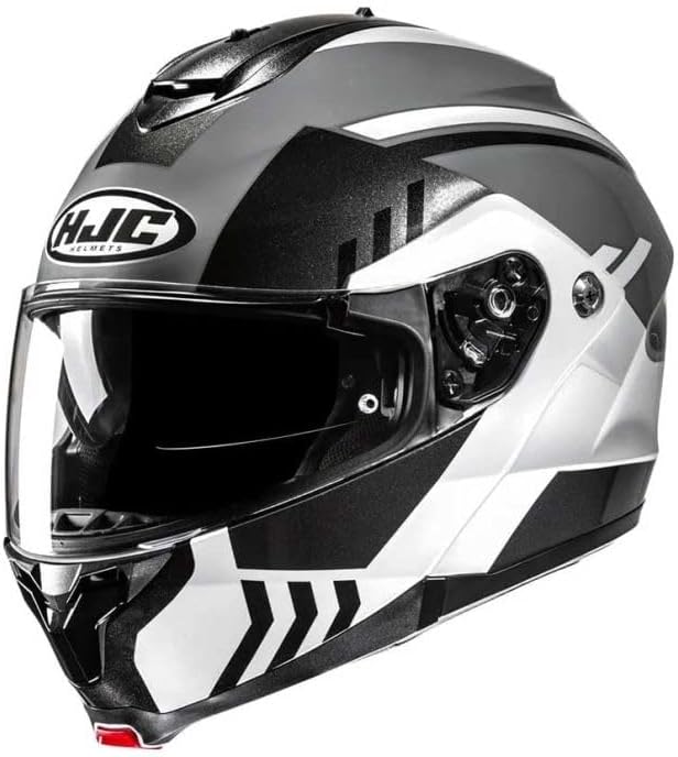 Front view of the HJC C91N KAON MC5 XL helmet, showcasing its grey, black, and white graphic design.