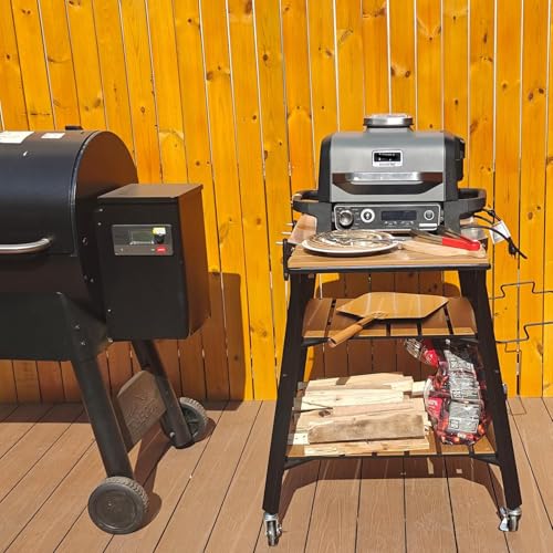 GFTIME Universal Tragbarer Grillwagen, Rollender Edelstahl Grilltisch, Kücheninsel-Allzweckwagen für Solo Stove & Ninja Woodfire Outdoor BBQ, Grillständer mit WPC Ablagen & 360° Schwenkrollen