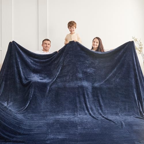 Oversized King Fleece Blanket 120x120 Inches, Seamless Soft Cozy 3D Jacquard Flannel Blanket 10'x10' Extra Large for Bed, Sofa, Couch, Travel & Camping, California King Throw, Navy Blue Leaf