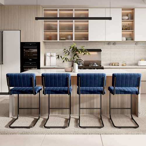 Image of ONEVOG 24 Inch Counter Bar Stools Set of 4, Mid-Century Modern Counter Height Cantilever Bar Chairs for Kitchen Island, Upholstered Velvet Fabric Barstools with Back and Matte Metal Legs, Navy Blue