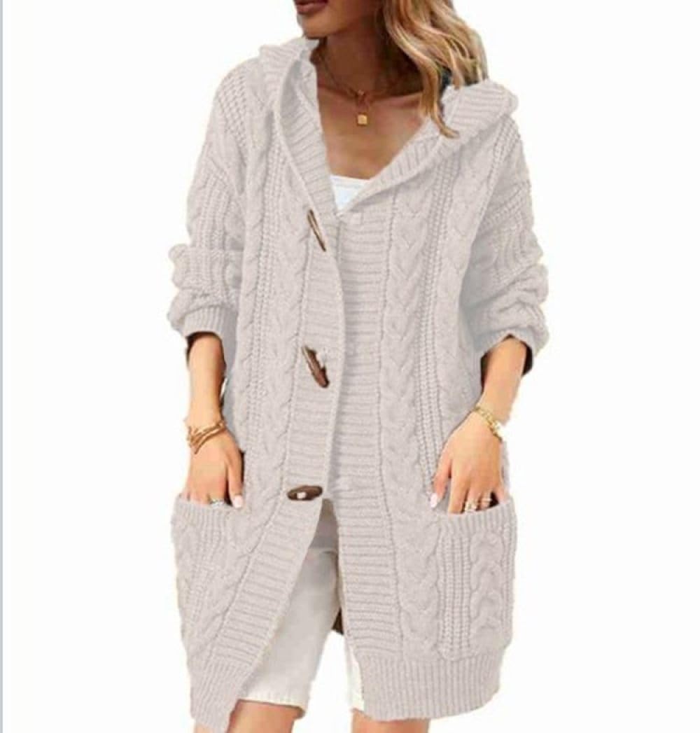 HGJH Damen Zopfstrick Kapuzenpullover Cardigan Vorne Offen Lange Strickjacke Lockere Knöpfe Weicher Pullover Elegante Übergangsjacke Kimono Cardigan Mantel Oberbekleidung Herbst Und Winter Weiß S