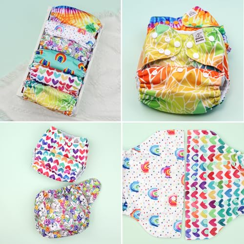 Image of Mama Koala 6 Pack Reusable Cloth Diapers 3.0 for Babies Girls Newborn, One-Size Adjustable Baby Diaper, Durable Stitching, Back Opening for Inserts, Breathable Awj Lining, Leak Prevention-Rainbow&Love