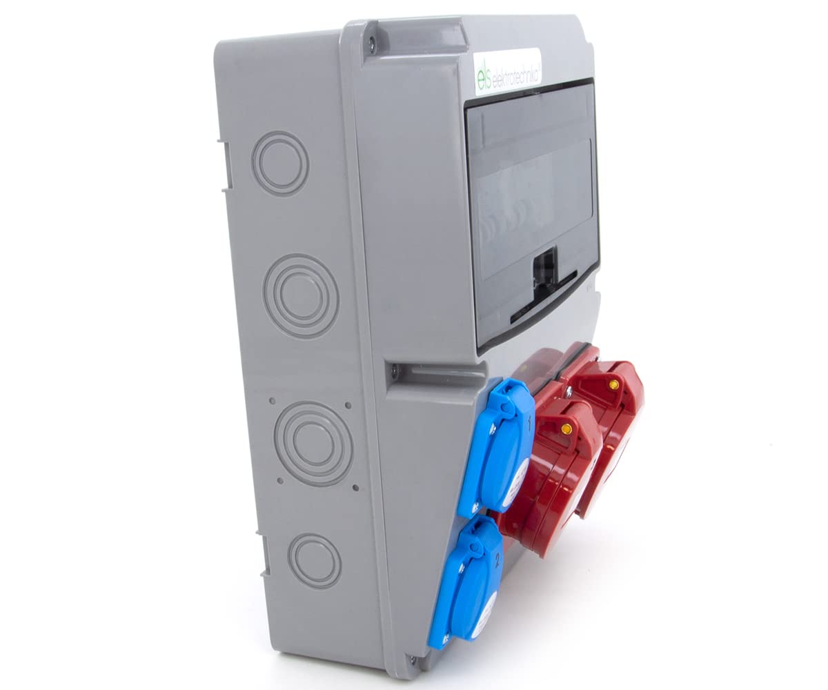 ELS Elektrotechnika Distribuidor de corriente con interruptor de protección FI + 2x Schuko de 230V, 2 interruptores de protección LS + 1x CEE 16A + 1 enchufe CEE de 32A, cableado, listo para conectar.