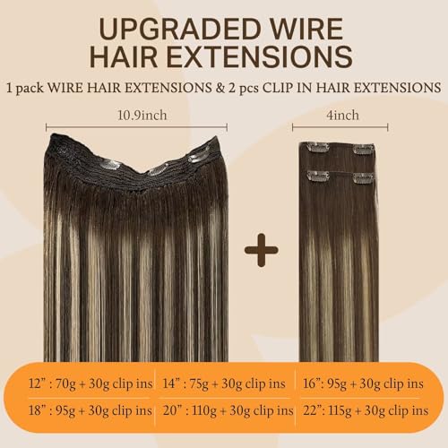 Image of DOORES Wire Hair Extensions, Balayage Chocolate Brown to Honey Blonde 22 Inch 120g Fish Line Weft Extensions and 2pcs 30g Clip ins, 100g Invisible Wire Real Human Weft Seamless Hairpiece