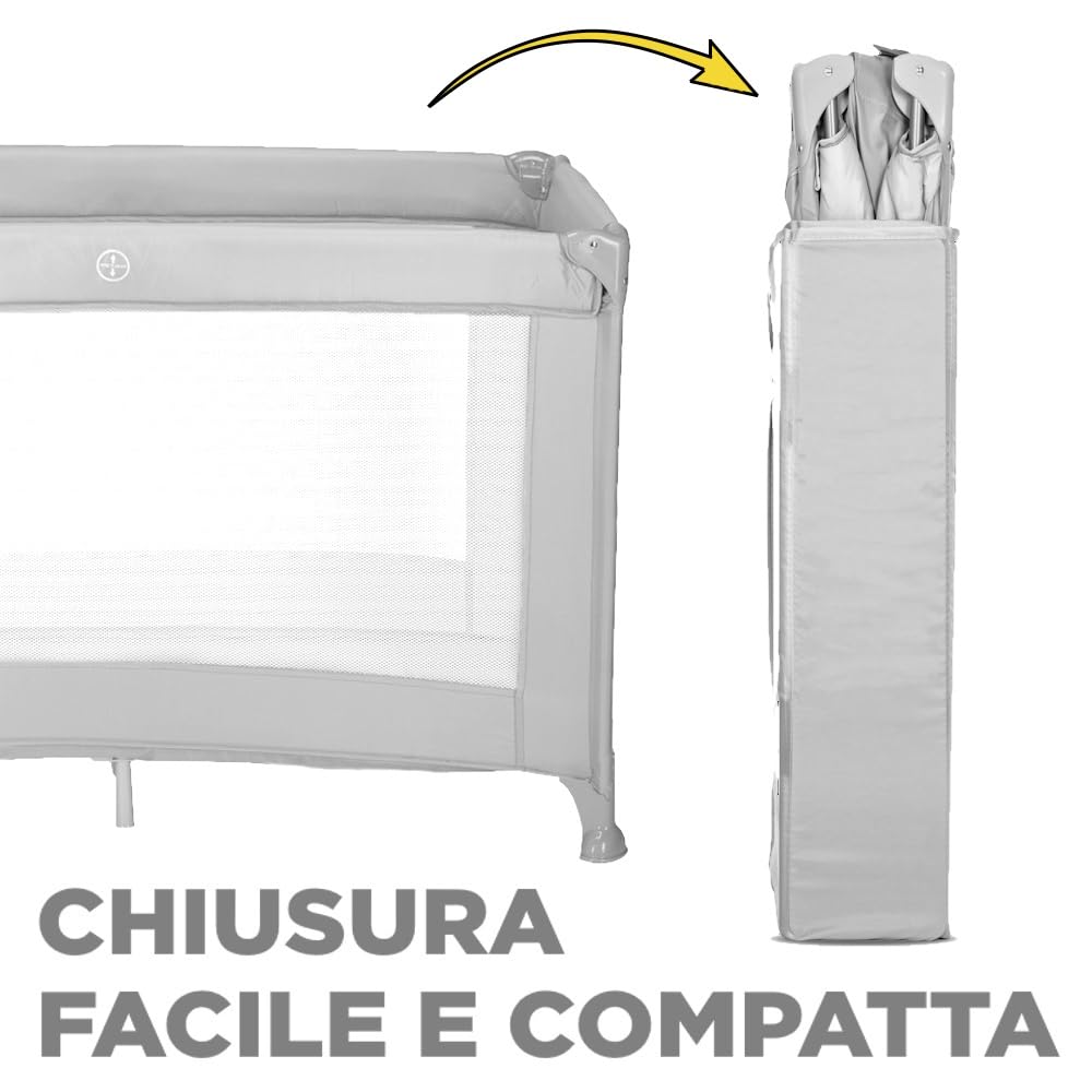 Lettino da Viaggio 0-4 anni, Borsa per il Trasporto, Richiudibile e Trasportabile, altezza fissa, simpatiche grafiche laterali (grigio)