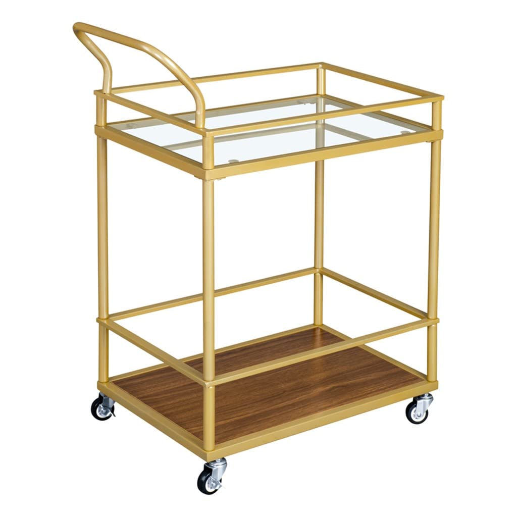 DNATS Serving Cart Metal Frame Rolling - 2-Tier Serving Bar Trolley, Rotating Wheels, Built-in Handle, And Glass Shelves