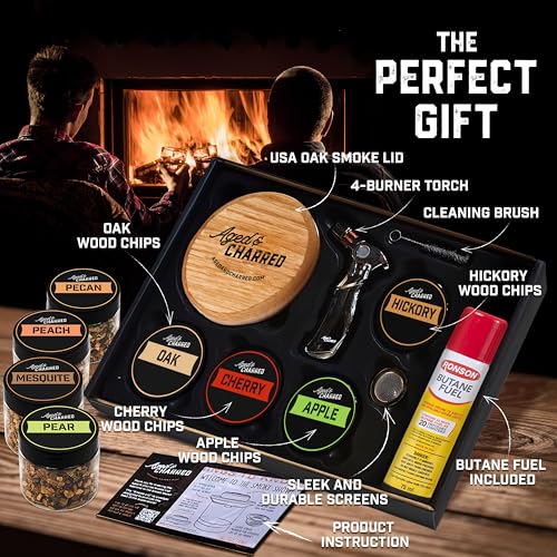 Whiskey Smoker Kit with Torch and Butane - 8 Flavors Wood Chips, 100% USA Oak Smoker, High-End Set - Cocktail Smoker Kit for Drinks - Old Fashioned Bourbon Smoker Gift Set for Men