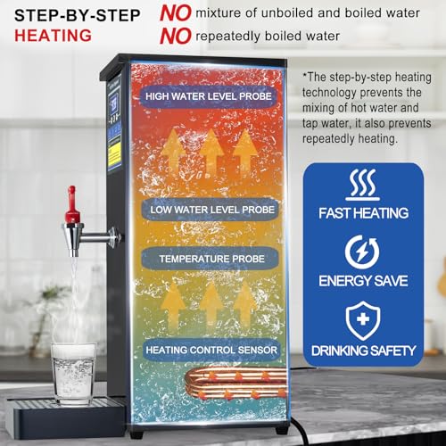 Image of Hot Water Dispenser Commercial Water Boiler Countertop Hot Water Machine Stainless Steel Step-heating Temperature Control 86-212F for Boba Tea Coffee Office Restaurant 1600W, 30L(8GAL) /Hour, Black